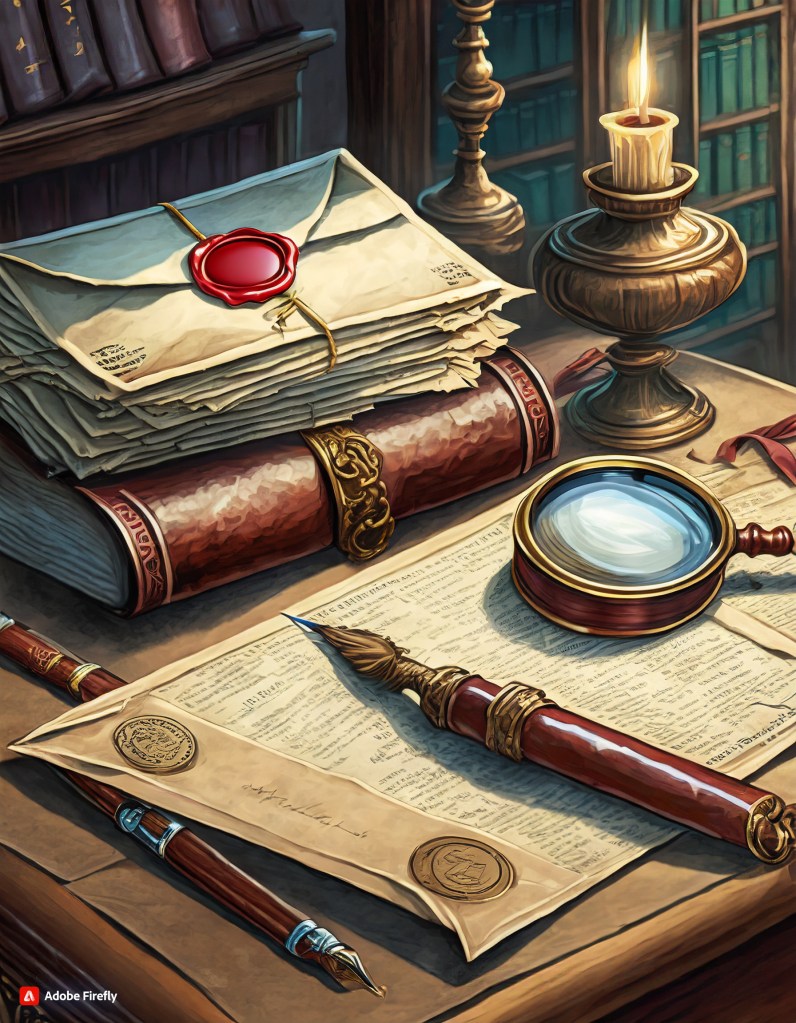 Antonio Roman Campos Mailing List Hammer and Quill Pugmalion's Curse envelopes letters newspaper magnifying lens red wax seal pens quill old fashioned desk stack