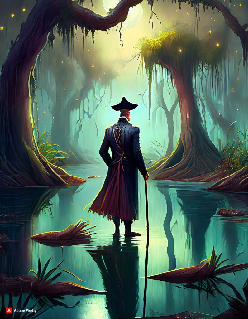 Antonio Roman Campos The Resident of No. 18 Vieux Carre Illustration new orleans swamp moonlight shadowy figure man tricorne cane eerie bayou spanish moss trees 