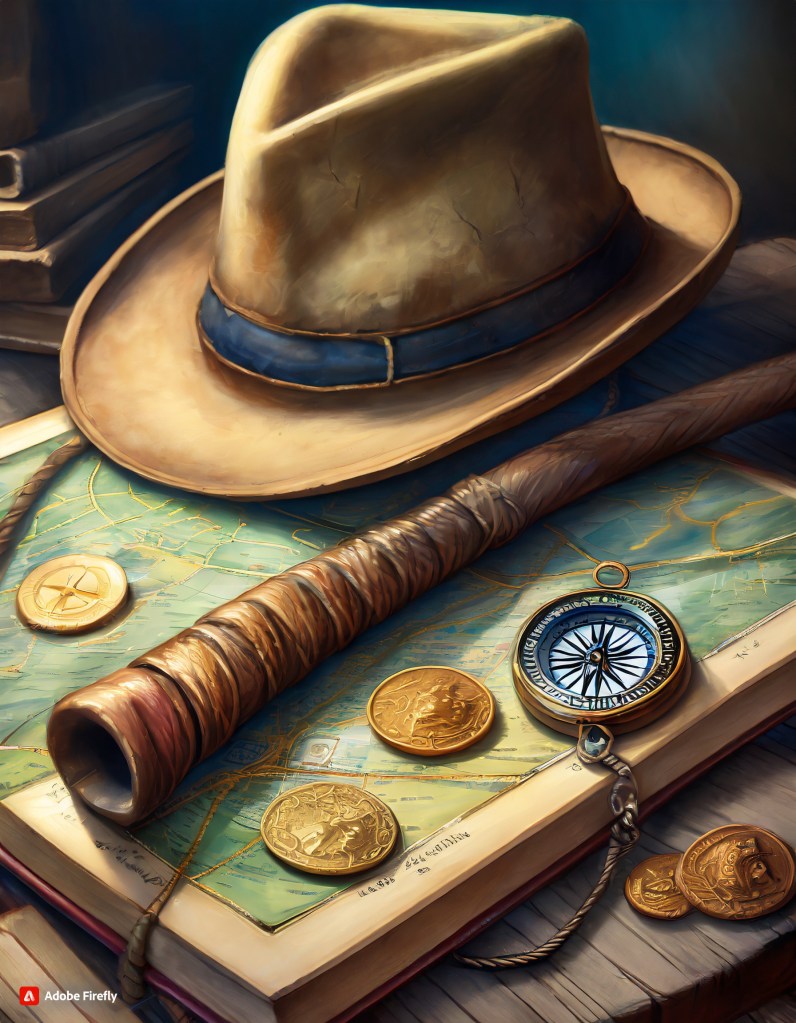 Antonio Roman Campos - Indiana Jones Fortune and Glory Illustration of Fedora, Whip, Compass, Gold Coins, Map
